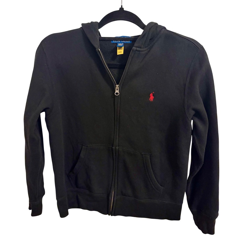 Polo Ralph Lauren Boys Black Full Zip Hoodie Red Pony Logo Size M 10-12